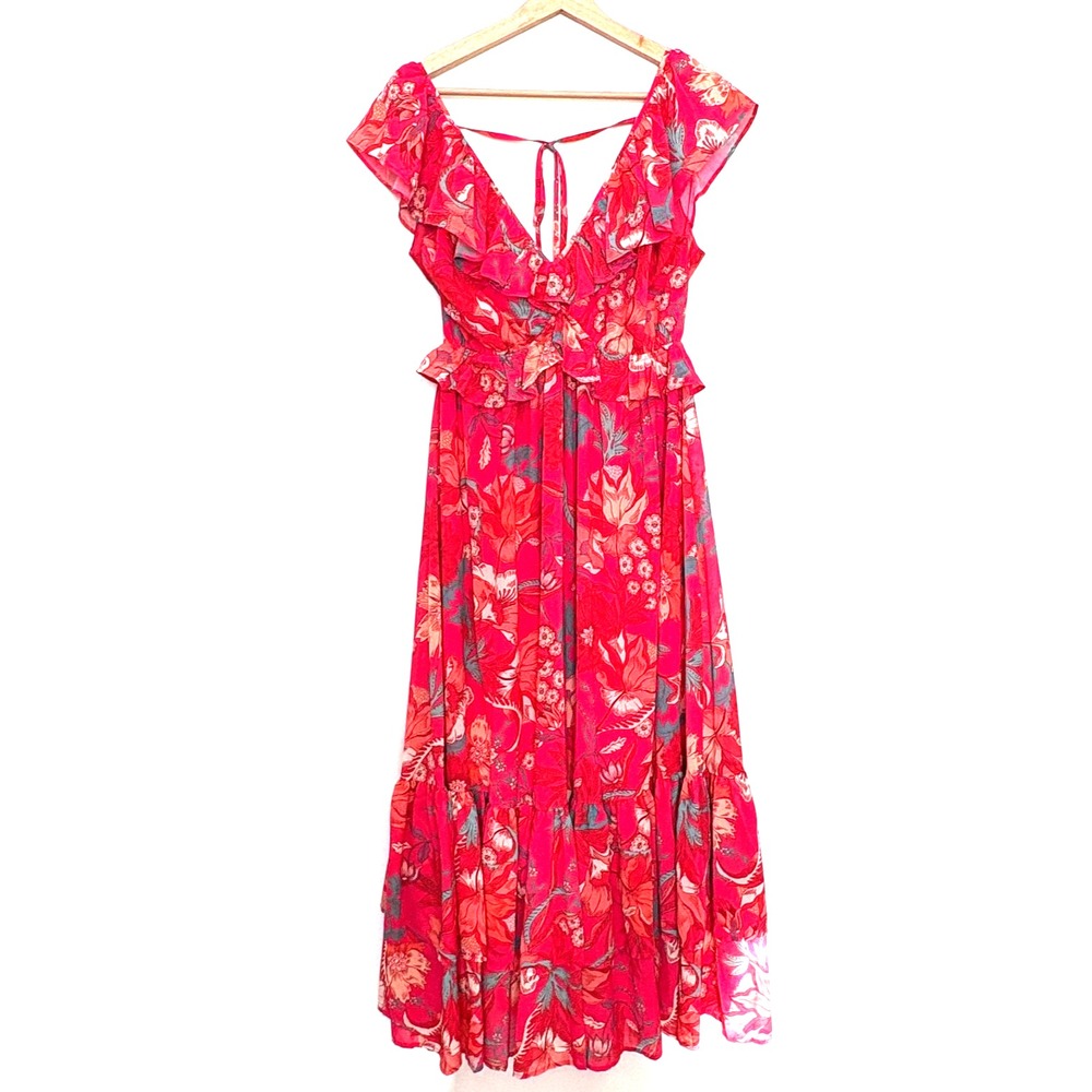 Flying Tomato, Women's Floral Maxi Dress‎ with Ruffles, Pink & Reds, Size Large